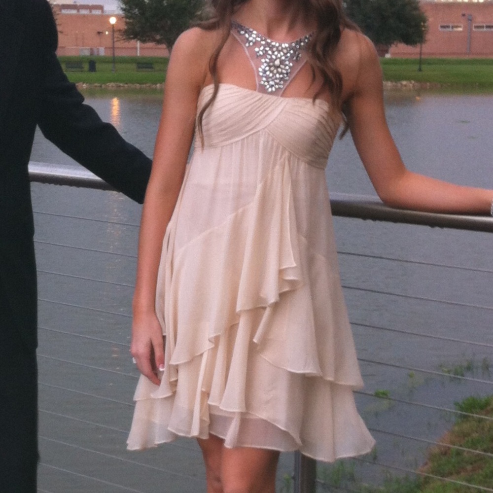 BCBG Maxazria beige ruffle dress